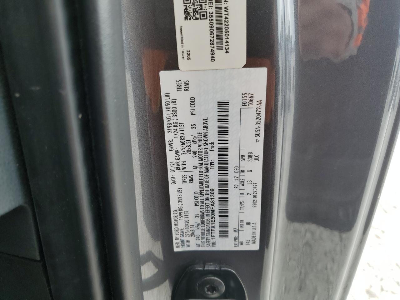 2021 Ford F150 Super Cab VIN: 1FTFX1E50MFA81309 Lot: 87184555