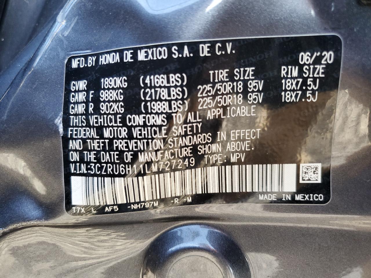 2020 Honda Hr-V Sport VIN: 3CZRU6H11LM727249 Lot: 85572075