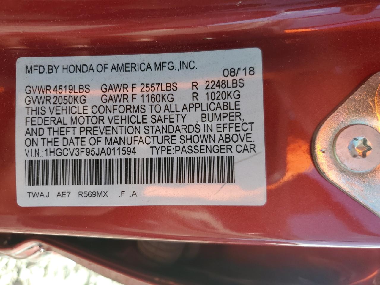 2018 Honda Accord Touring Hybrid VIN: 1HGCV3F95JA011594 Lot: 84818405