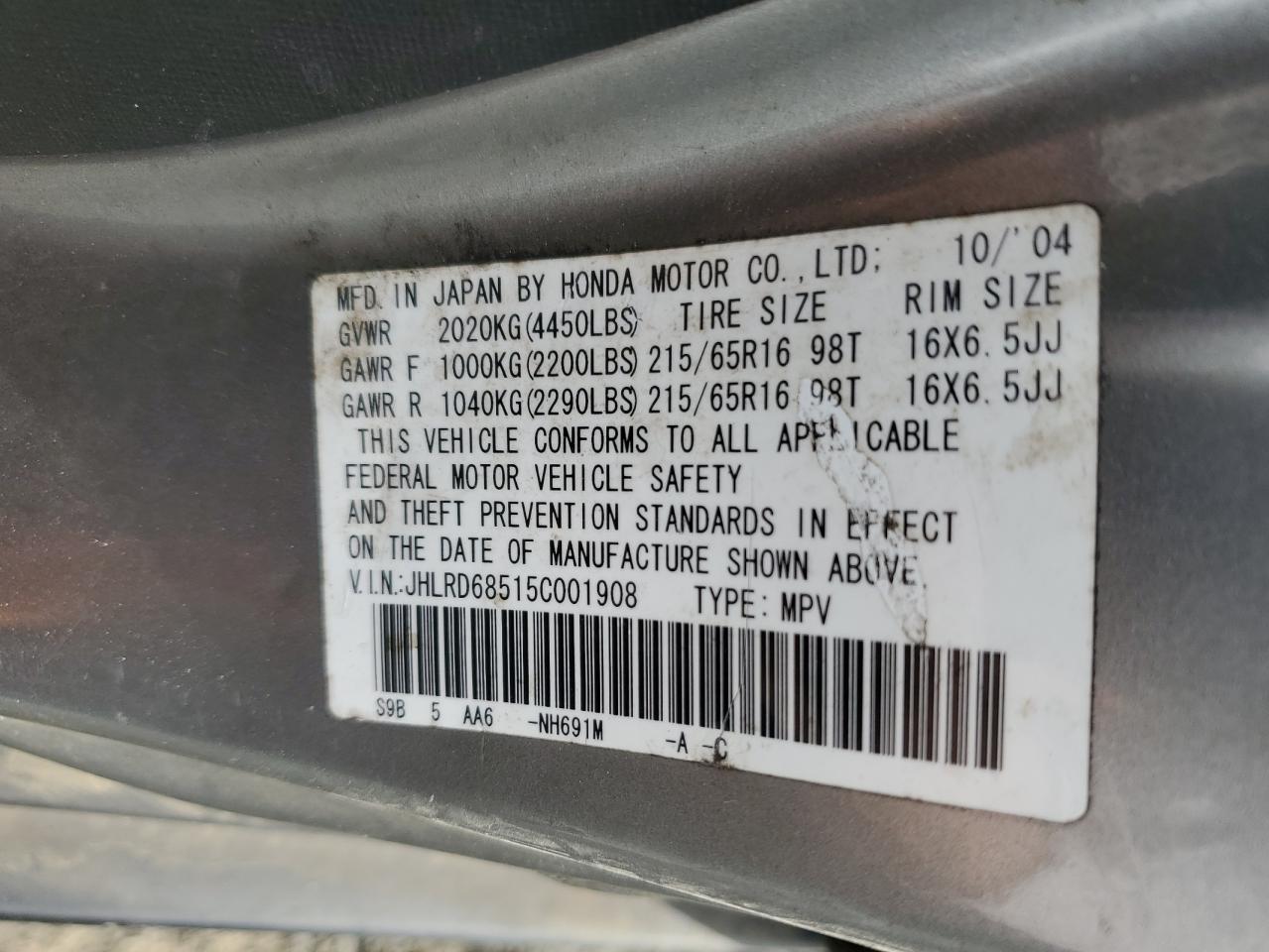 2005 Honda Cr-V Lx VIN: JHLRD68515C001908 Lot: 89544765