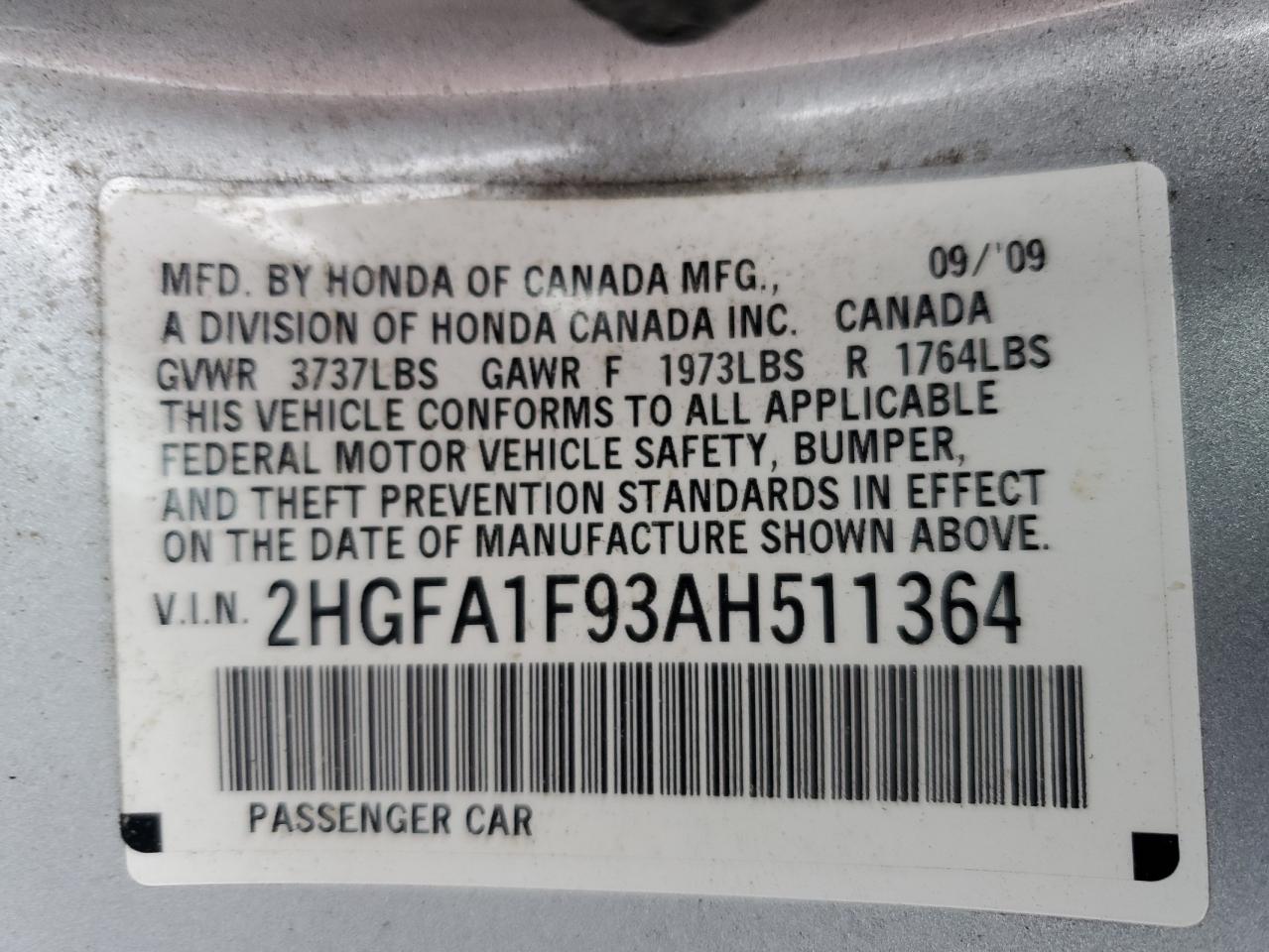 2010 Honda Civic Exl VIN: 2HGFA1F93AH511364 Lot: 85562375