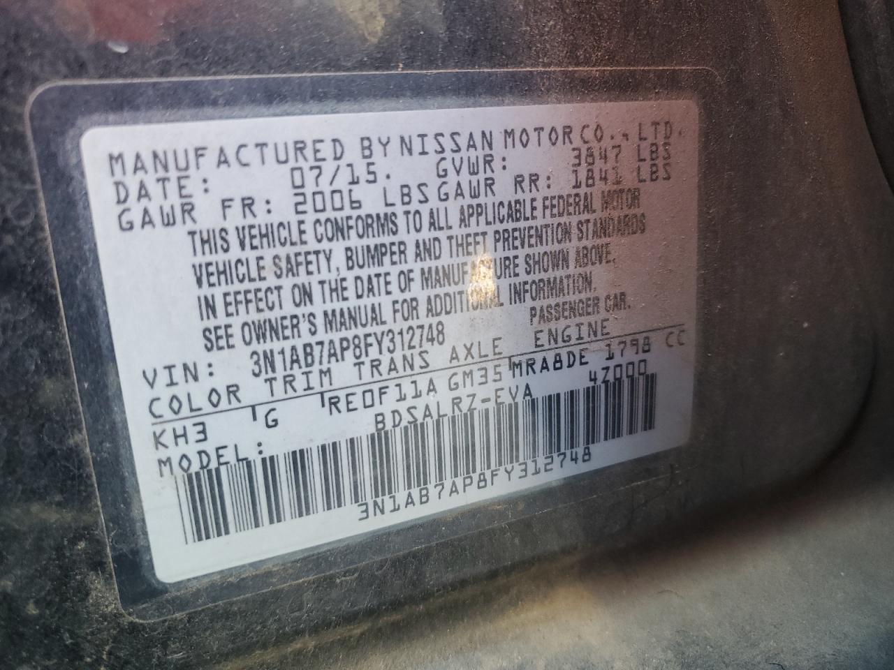 2015 Nissan Sentra S VIN: 3N1AB7AP8FY312748 Lot: 82399205