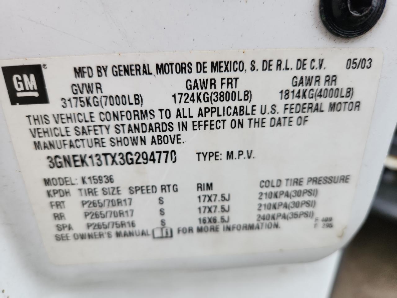 2003 Chevrolet Avalanche K1500 VIN: 3GNEK13TX3G294770 Lot: 85354135