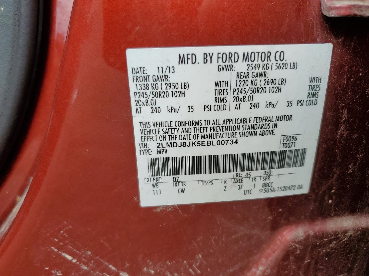 2014 Lincoln Mkx VIN: 2LMDJ8JK5EBL00734 Lot: 86489895