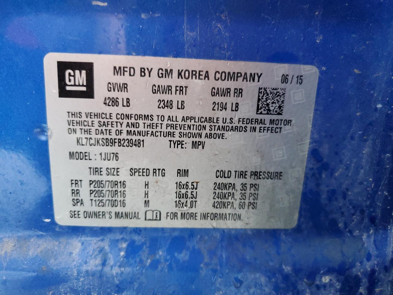 2015 Chevrolet Trax Ls VIN: KL7CJKSB9FB239481 Lot: 89823975