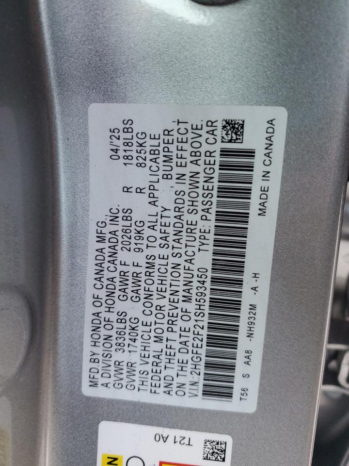 2025 Honda Civic Lx VIN: 2HGFE2F21SH593450 Lot: 86101205