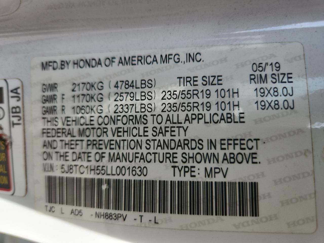 2020 Acura Rdx Technology VIN: 5J8TC1H55LL001630 Lot: 85821945