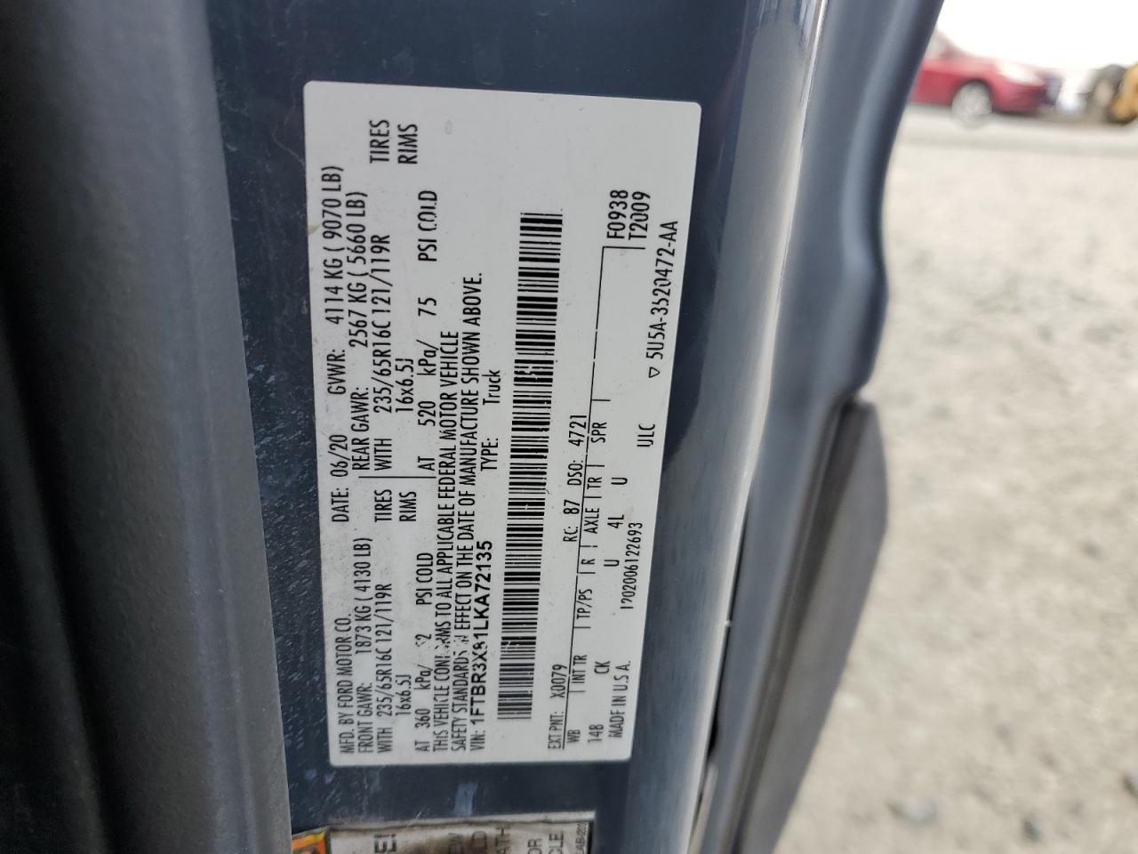 2020 Ford Transit Delivery Van VIN: 1FTBR3X81LKA72135 Lot: 89456985