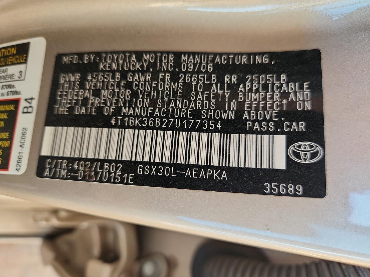 2007 Toyota Avalon Xl VIN: 4T1BK36B27U177354 Lot: 89921495