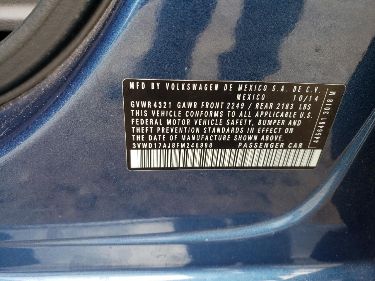 2015 Volkswagen Jetta Se VIN: 3VWD17AJ8FM246988 Lot: 85652625