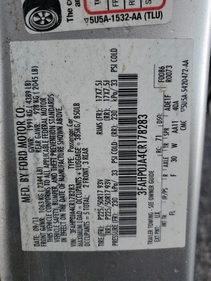 2012 Ford Fusion Sel VIN: 3FAHP0JA4CR178283 Lot: 90673205