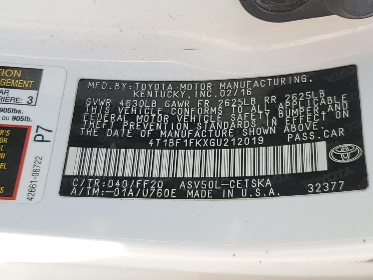 2016 Toyota Camry Le VIN: 4T1BF1FKXGU212019 Lot: 81982845