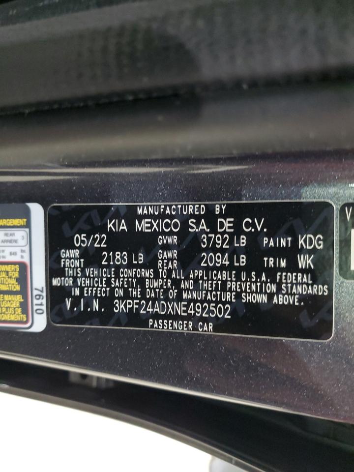 2022 Kia Forte Fe VIN: 3KPF24ADXNE492502 Lot: 85929375