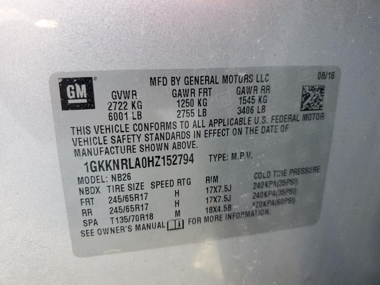 2017 GMC Acadia Sle VIN: 1GKKNRLA0HZ152794 Lot: 90604695