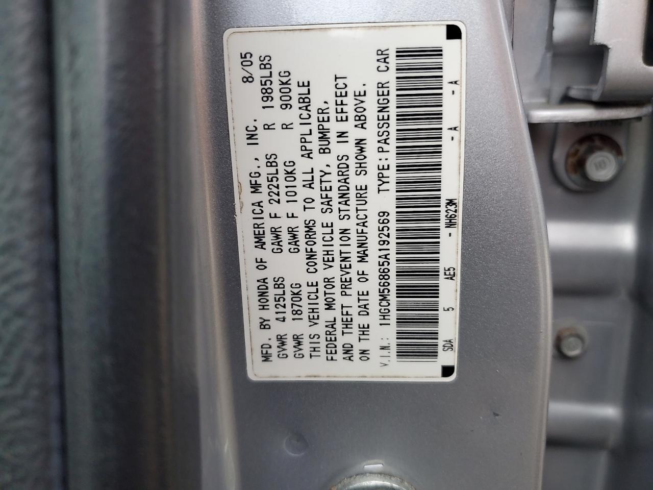 2005 Honda Accord Ex VIN: 1HGCM56865A192569 Lot: 85009935