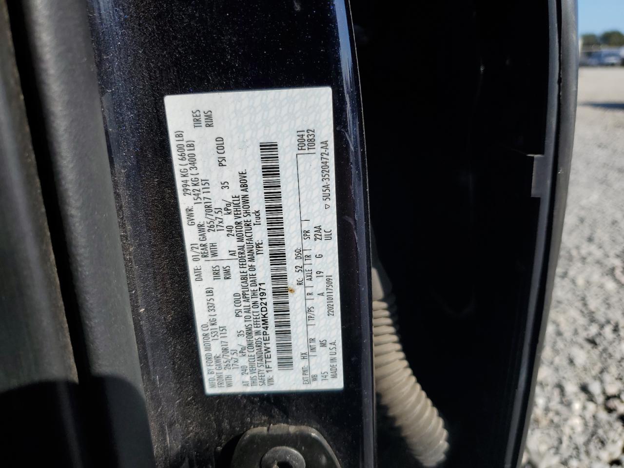 2021 Ford F150 Supercrew VIN: 1FTEW1EP4MKD21971 Lot: 84962555