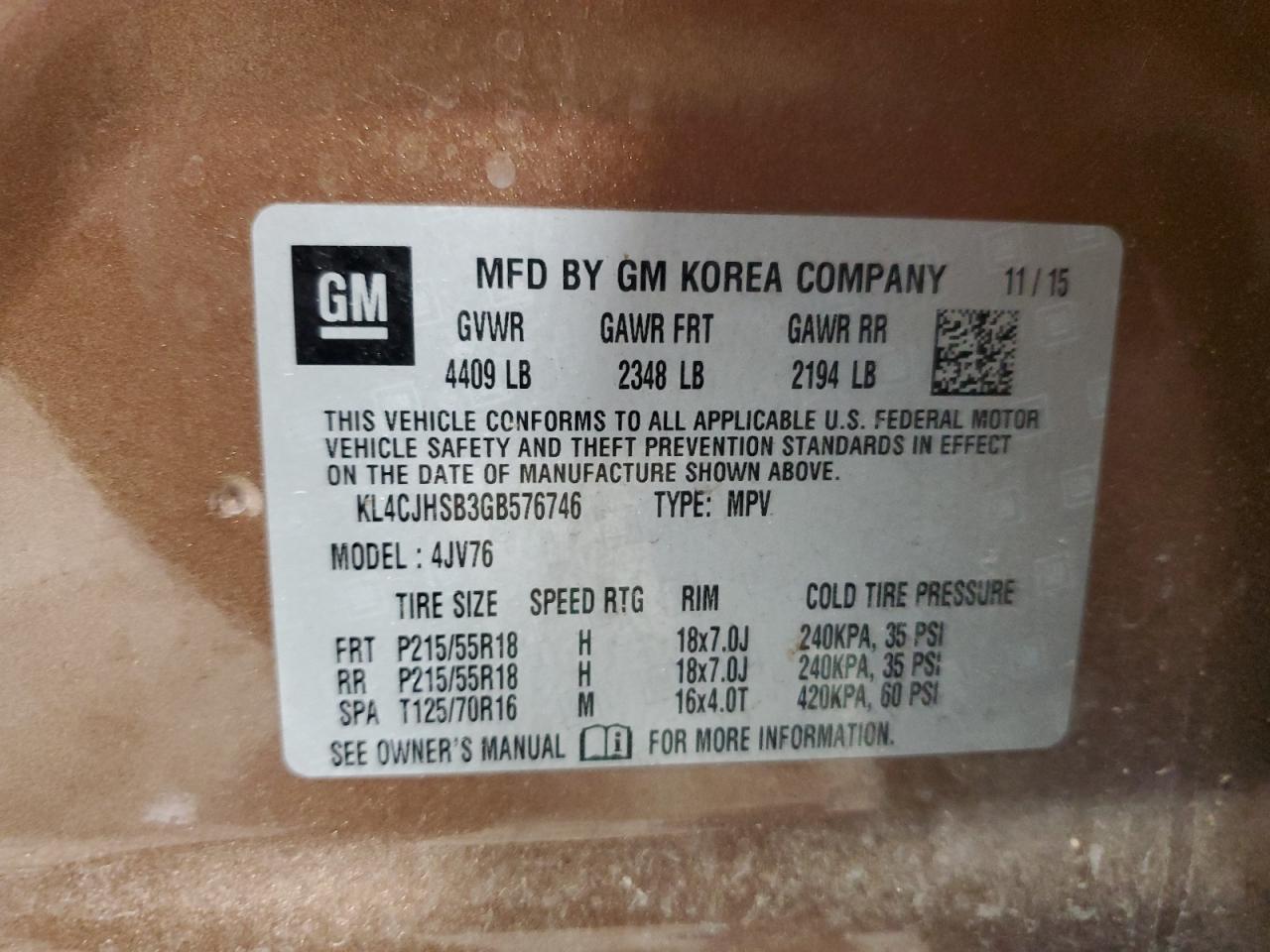 2016 Buick Encore Premium VIN: KL4CJHSB3GB576746 Lot: 86477635