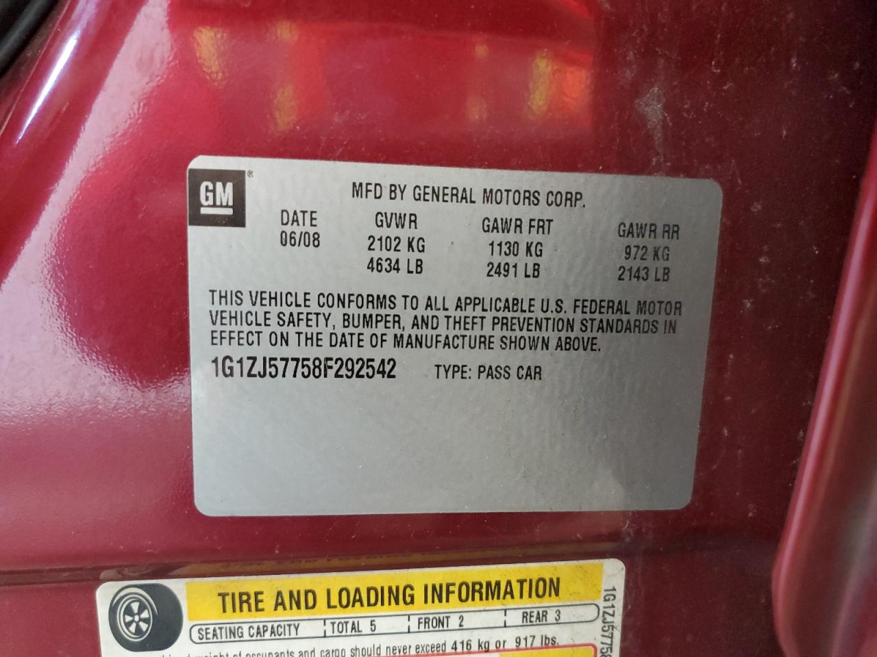 2008 Chevrolet Malibu 2Lt VIN: 1G1ZJ57758F292542 Lot: 90589235