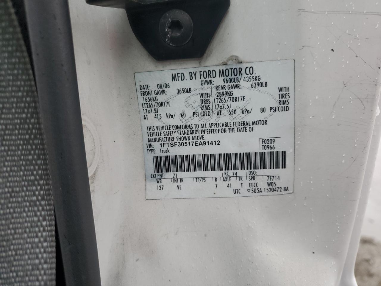 2007 Ford F350 Srw Super Duty VIN: 1FTSF30517EA91412 Lot: 86335445