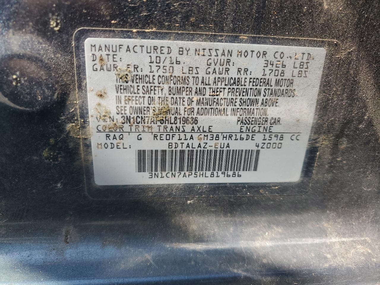 2017 Nissan Versa S VIN: 3N1CN7AP5HL819686 Lot: 85918815