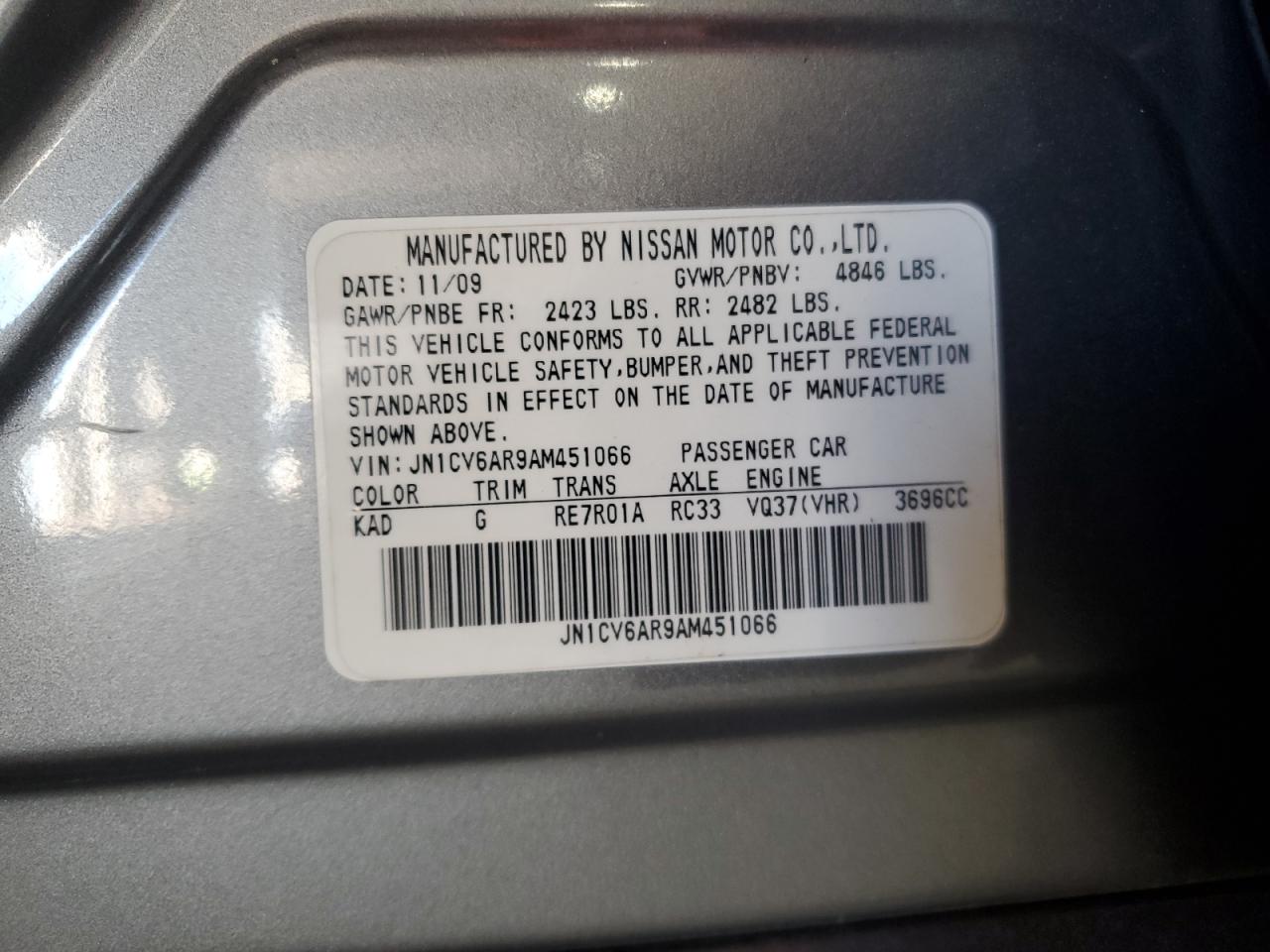 2010 Infiniti G37 VIN: JN1CV6AR9AM451066 Lot: 85782345