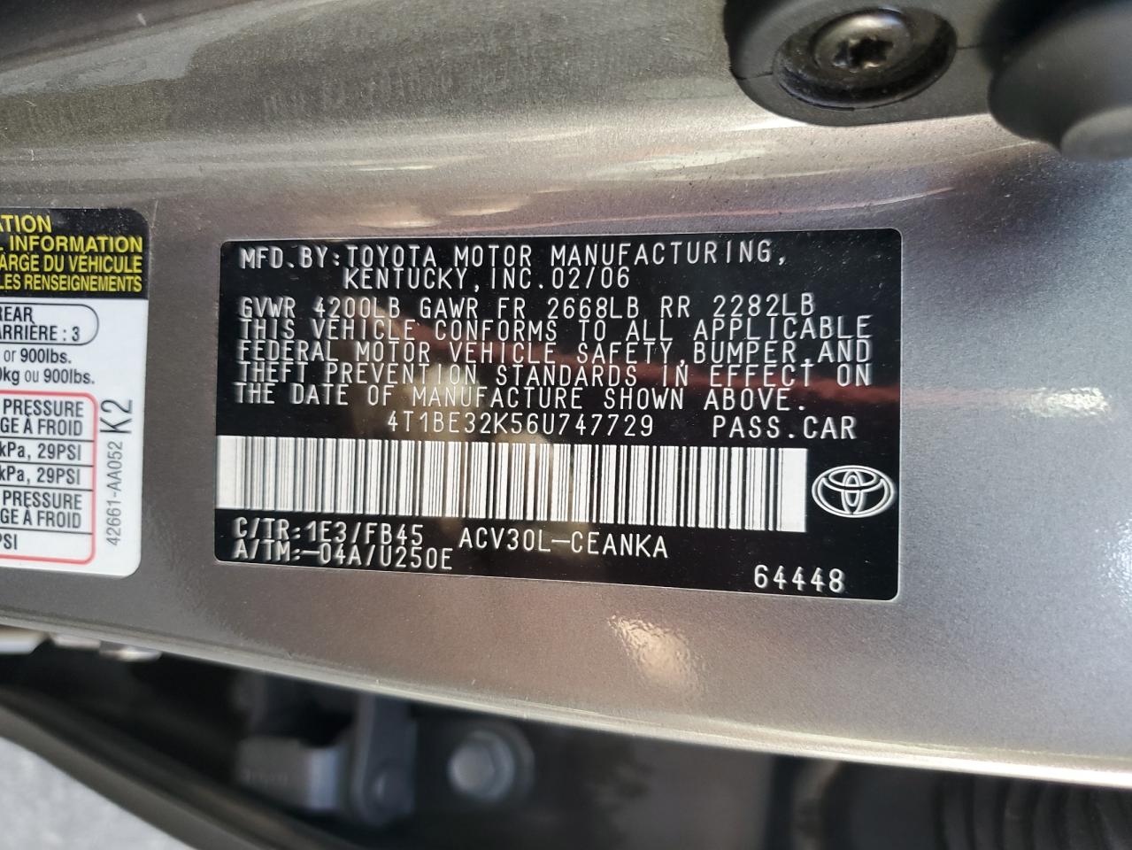 2006 Toyota Camry Le VIN: 4T1BE32K56U747729 Lot: 85949295