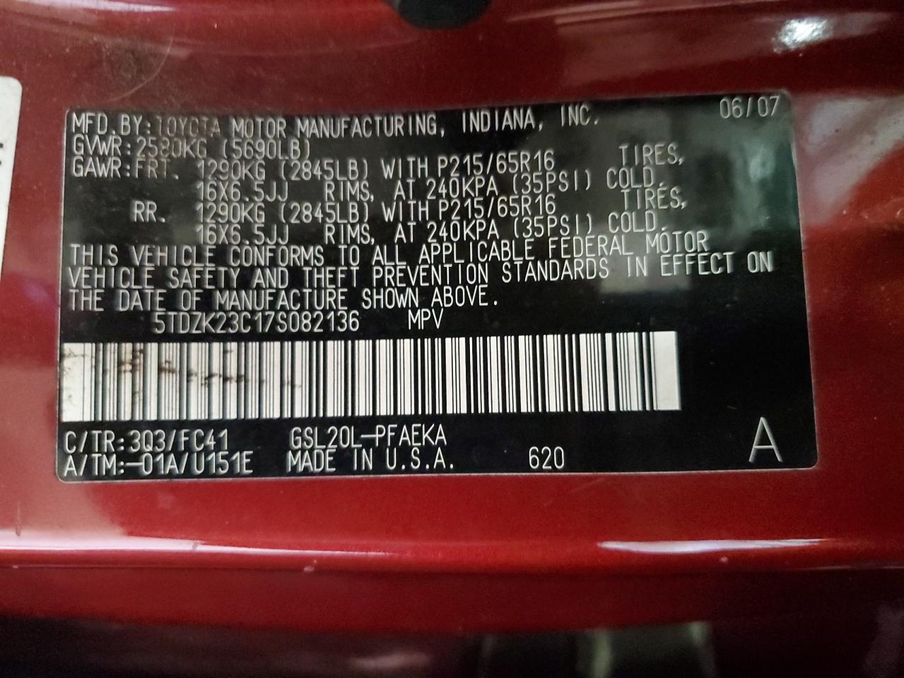 2007 Toyota Sienna Ce VIN: 5TDZK23C17S082136 Lot: 89705435
