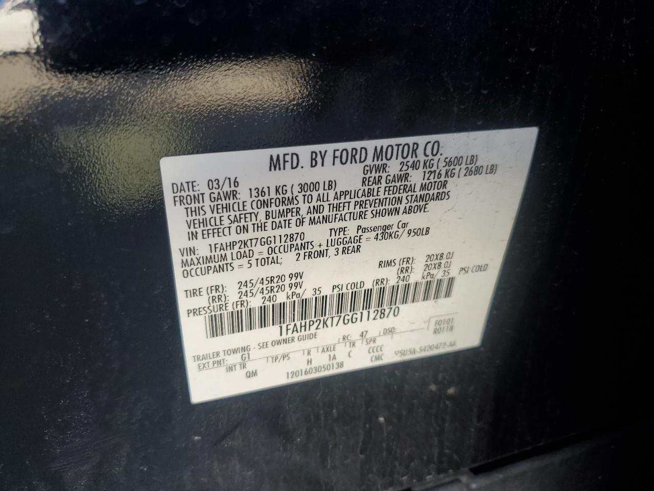 2016 Ford Taurus Sho VIN: 1FAHP2KT7GG112870 Lot: 90233215