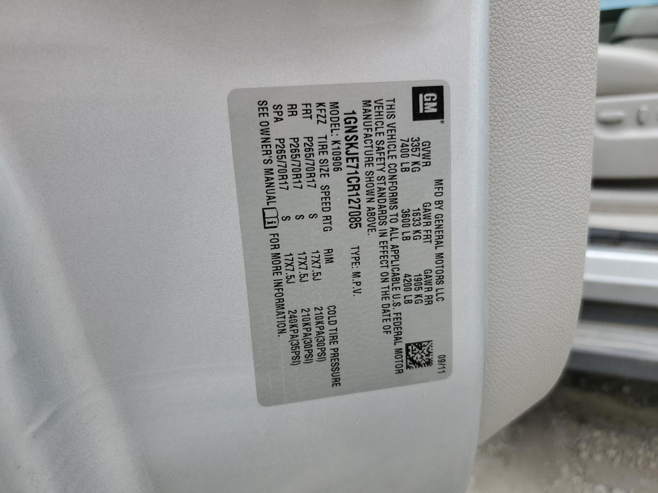 2012 Chevrolet Suburban K1500 Lt VIN: 1GNSKJE71CR127085 Lot: 81921155