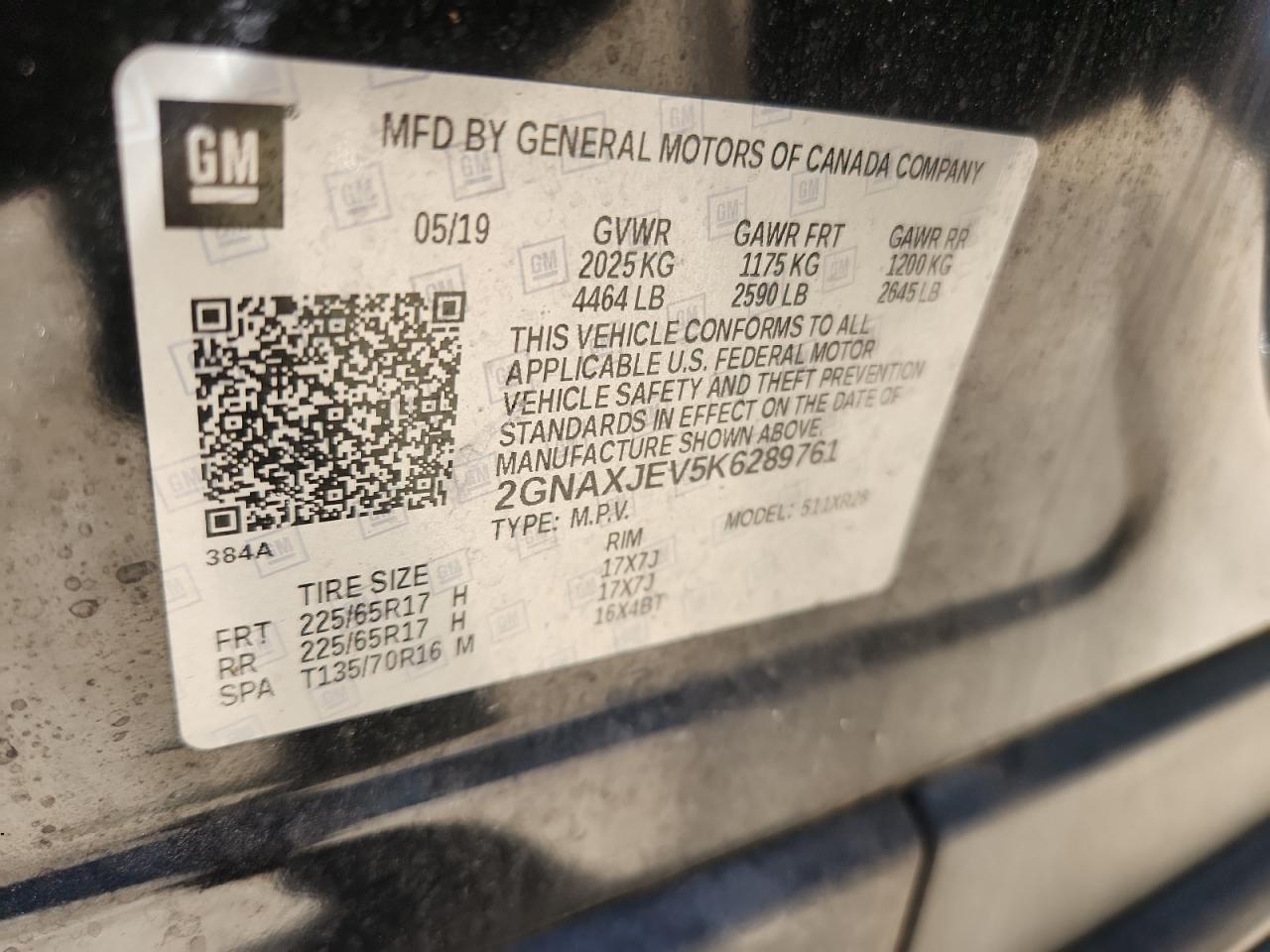 2019 Chevrolet Equinox Lt VIN: 2GNAXJEV5K6289761 Lot: 87114175