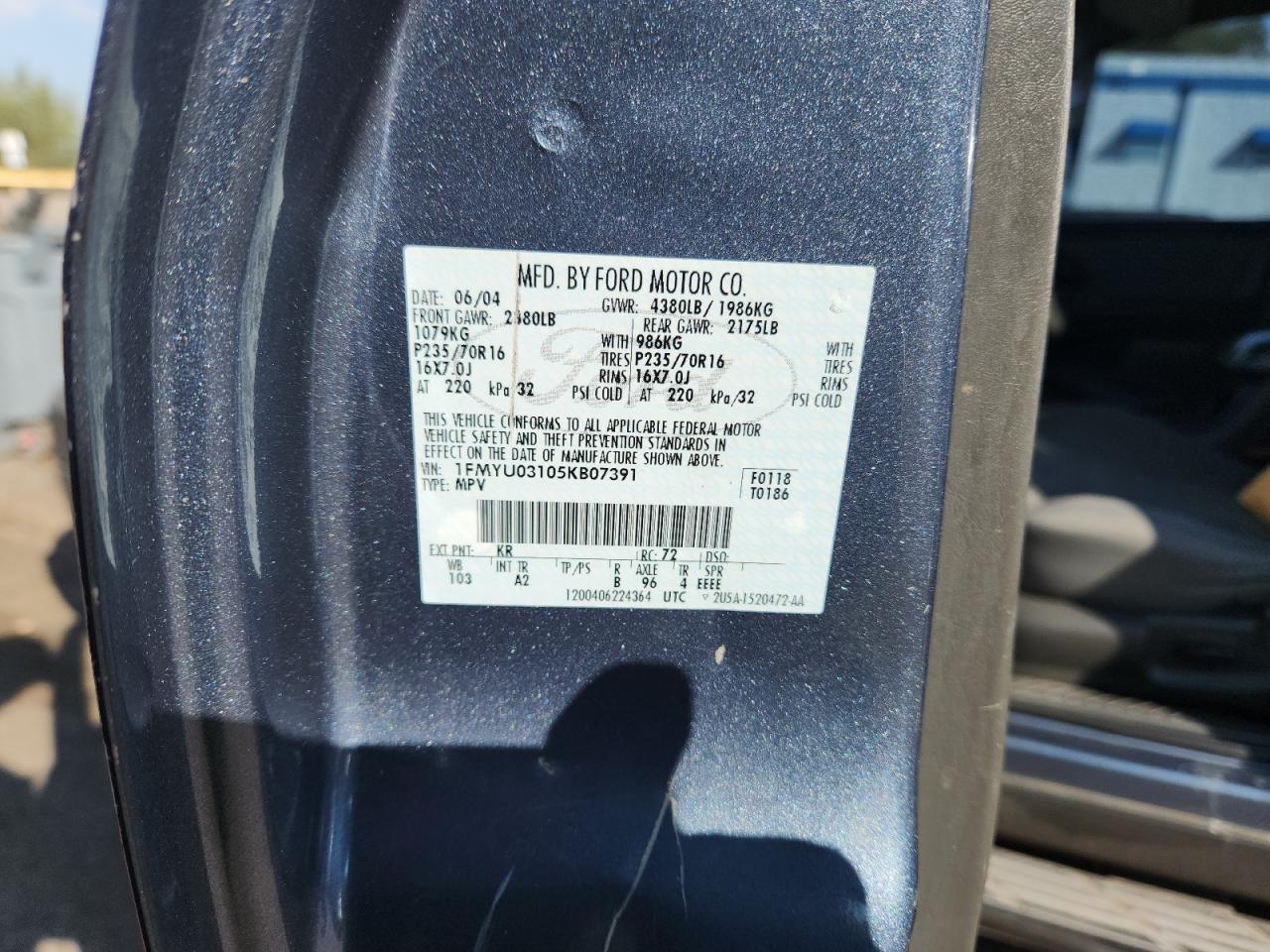 2005 Ford Escape Xlt VIN: 1FMYU03105KB07391 Lot: 85858105