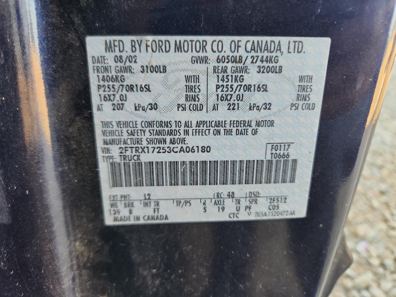 2003 Ford F150 VIN: 2FTRX17253CA06180 Lot: 86239945