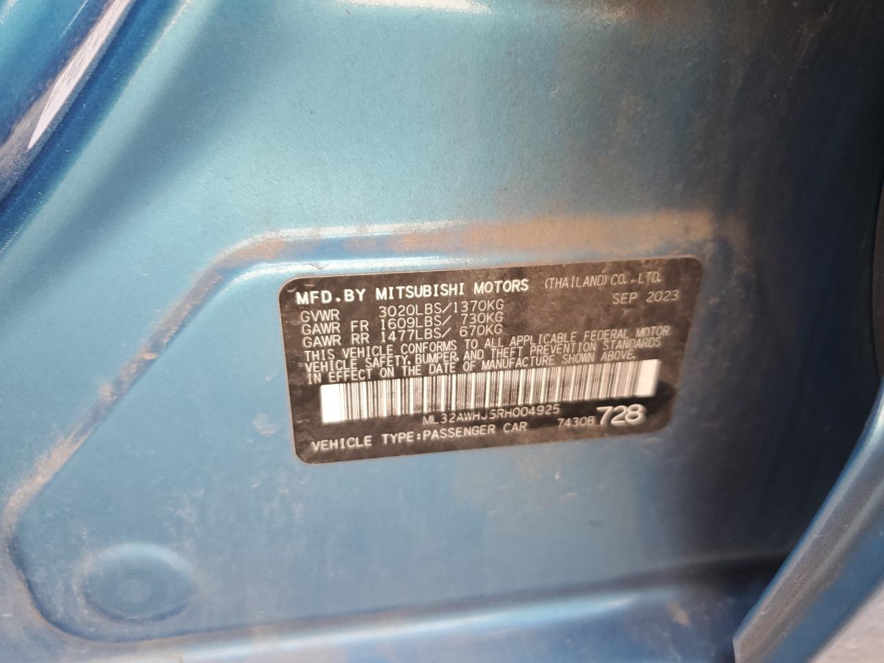 2024 Mitsubishi Mirage Se VIN: ML32AWHJ5RH004925 Lot: 90694355