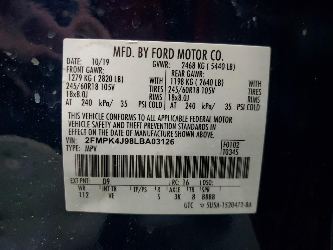 2020 Ford Edge Sel VIN: 2FMPK4J98LBA03126 Lot: 85722865