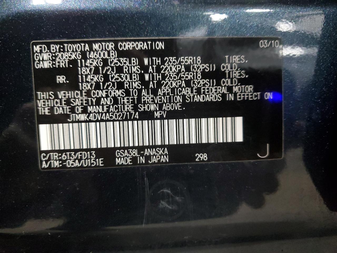 2010 Toyota Rav4 Sport VIN: JTMWK4DV4A5027174 Lot: 89489985