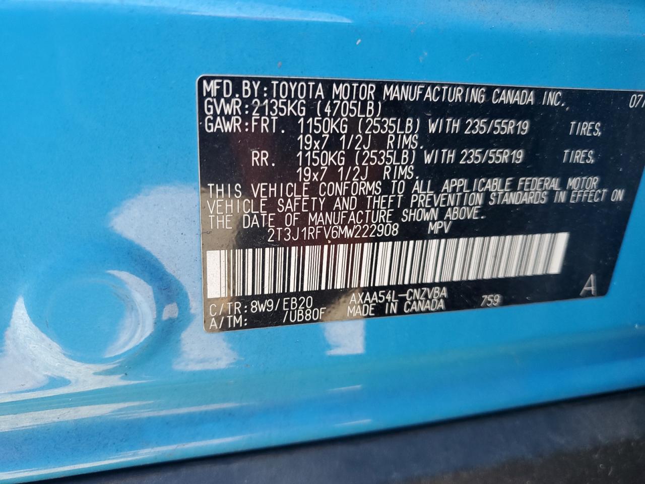 2021 Toyota Rav4 Adventure VIN: 2T3J1RFV6MW222908 Lot: 85860485