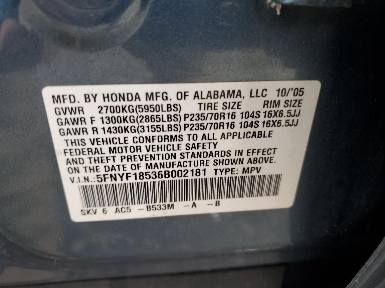 2006 Honda Pilot Ex VIN: 5FNYF18536B002181 Lot: 86331935