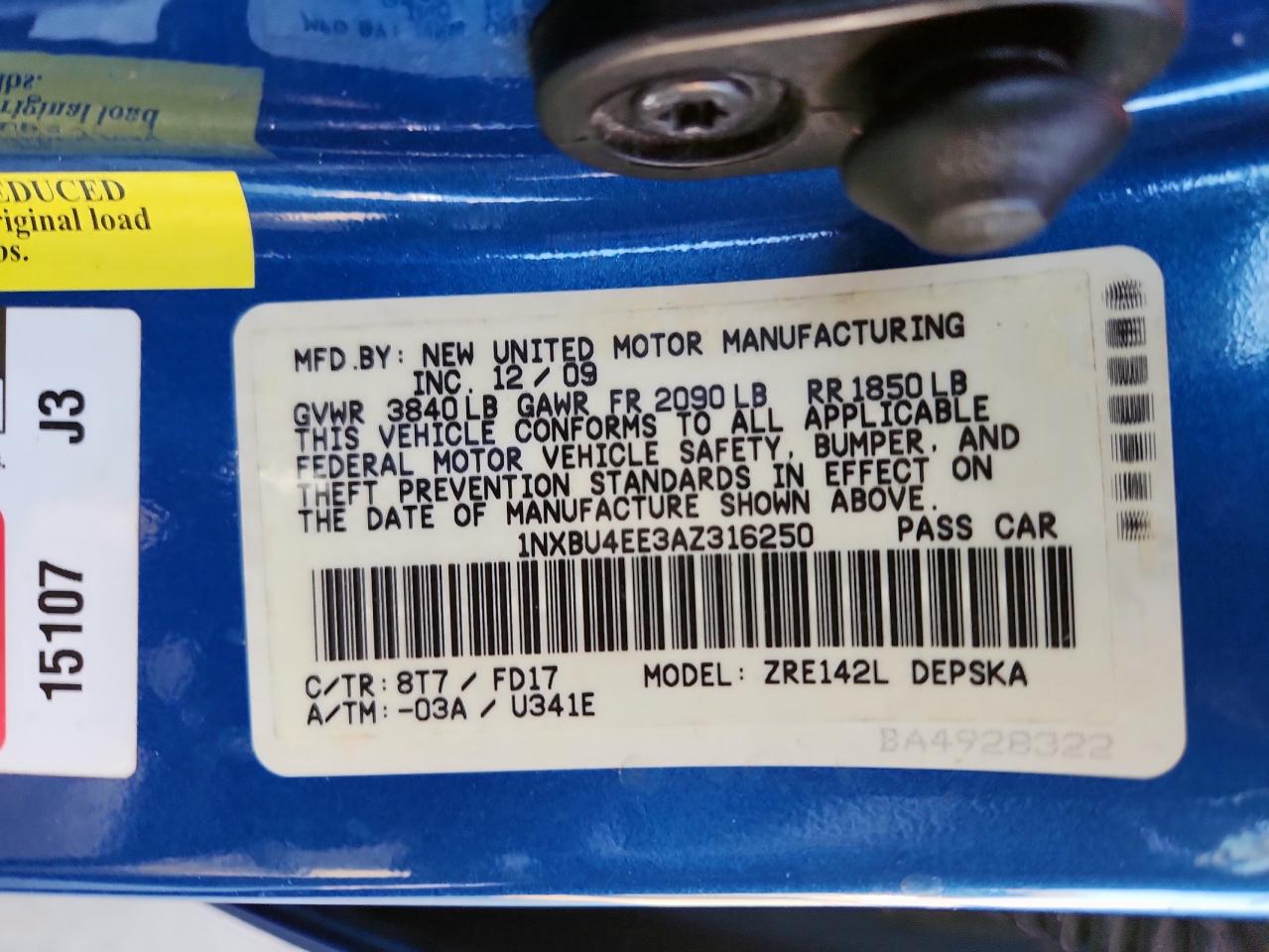 2010 Toyota Corolla Base VIN: 1NXBU4EE3AZ316250 Lot: 84647095
