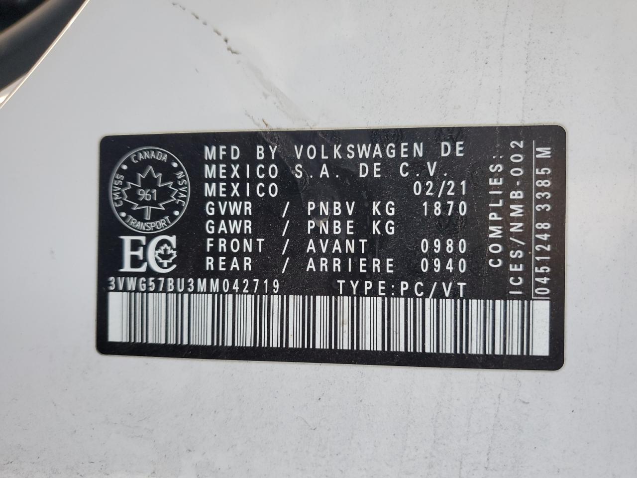 2021 Volkswagen Jetta Sel Premium VIN: 3VWG57BU3MM042719 Lot: 84030505
