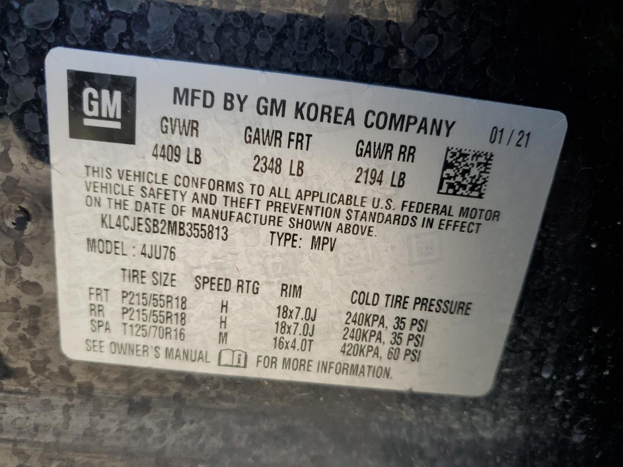 2021 Buick Encore Preferred VIN: KL4CJESB2MB355813 Lot: 89888765