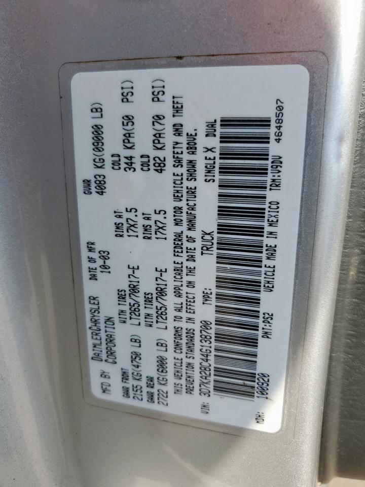 2004 Dodge Ram 2500 St VIN: 3D7KA28C44G138700 Lot: 84654995