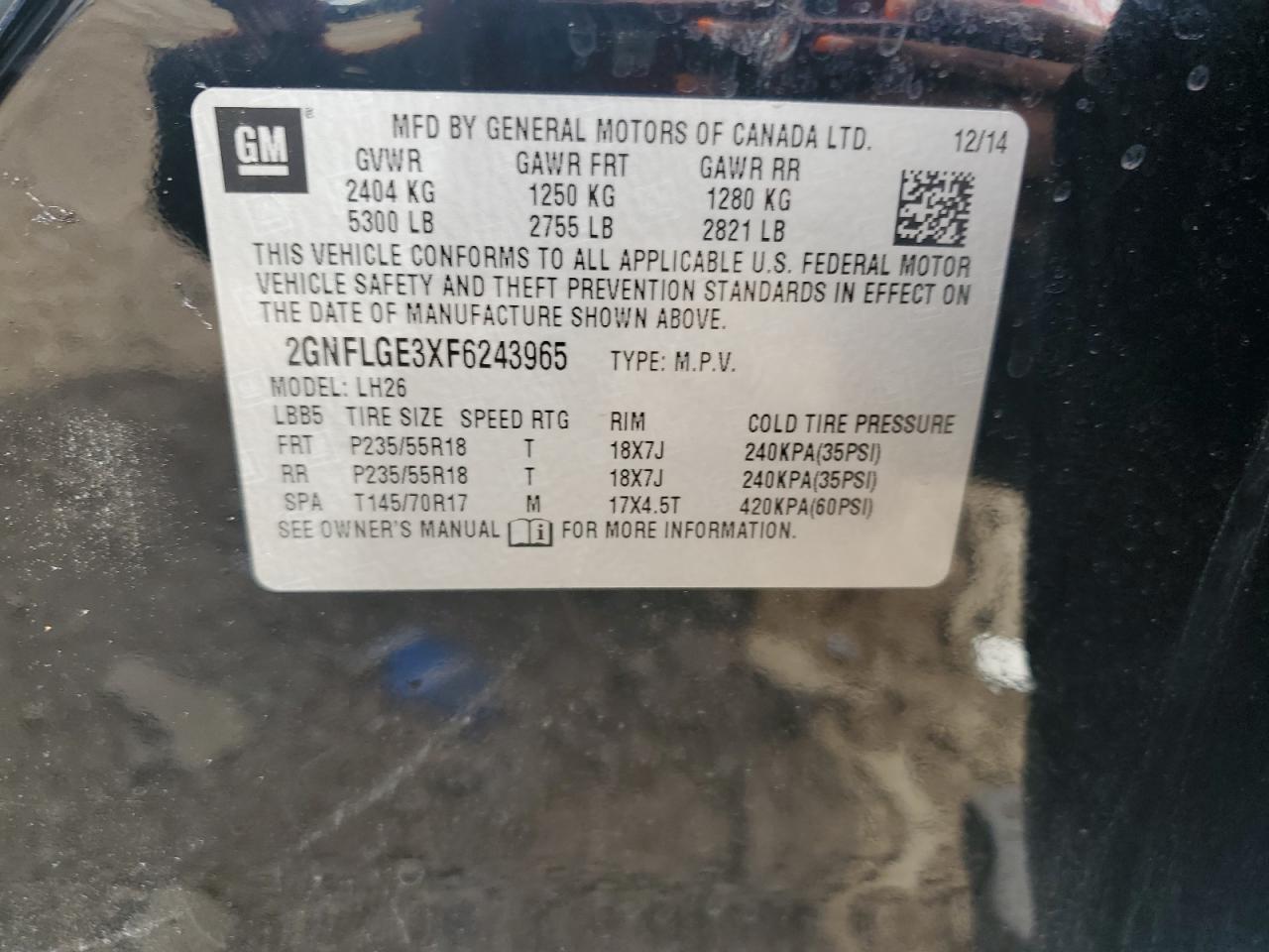 2015 Chevrolet Equinox Lt VIN: 2GNFLGE3XF6243965 Lot: 81982155