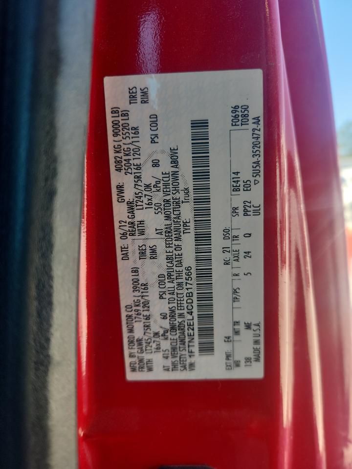 2012 Ford Econoline Cargo E-25 VIN: 1FTNE2EL4CDB17566 Lot: 85166895