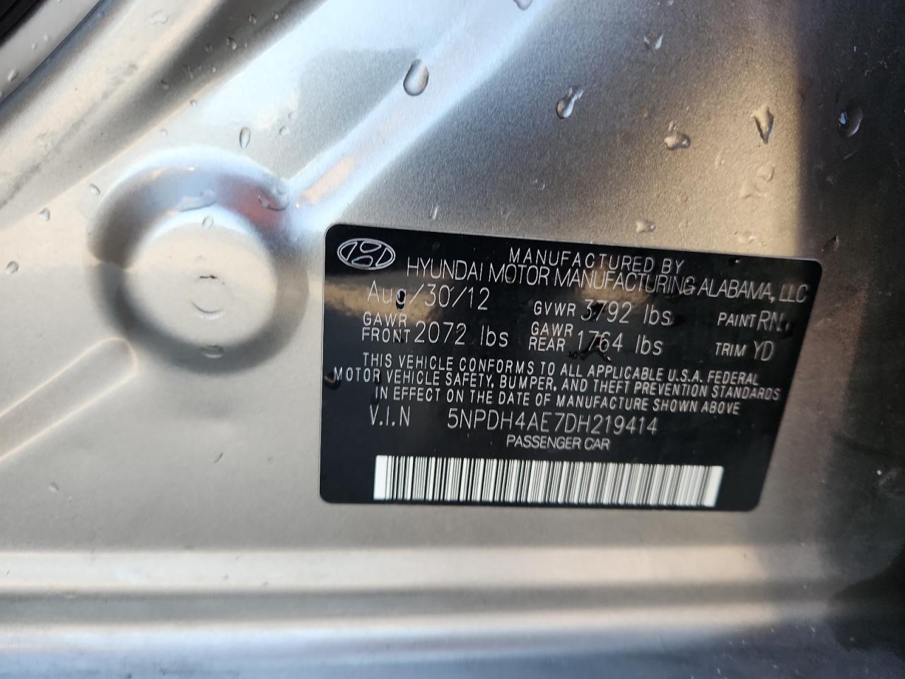 2013 Hyundai Elantra Gls VIN: 5NPDH4AE7DH219414 Lot: 87061505