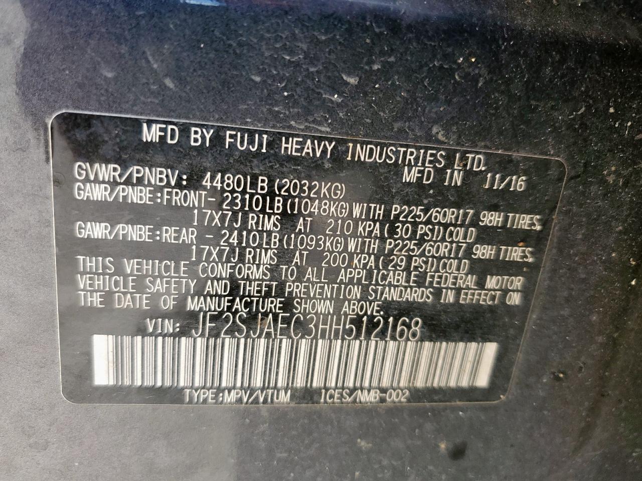 2017 Subaru Forester 2.5I Premium VIN: JF2SJAEC3HH512168 Lot: 85542435