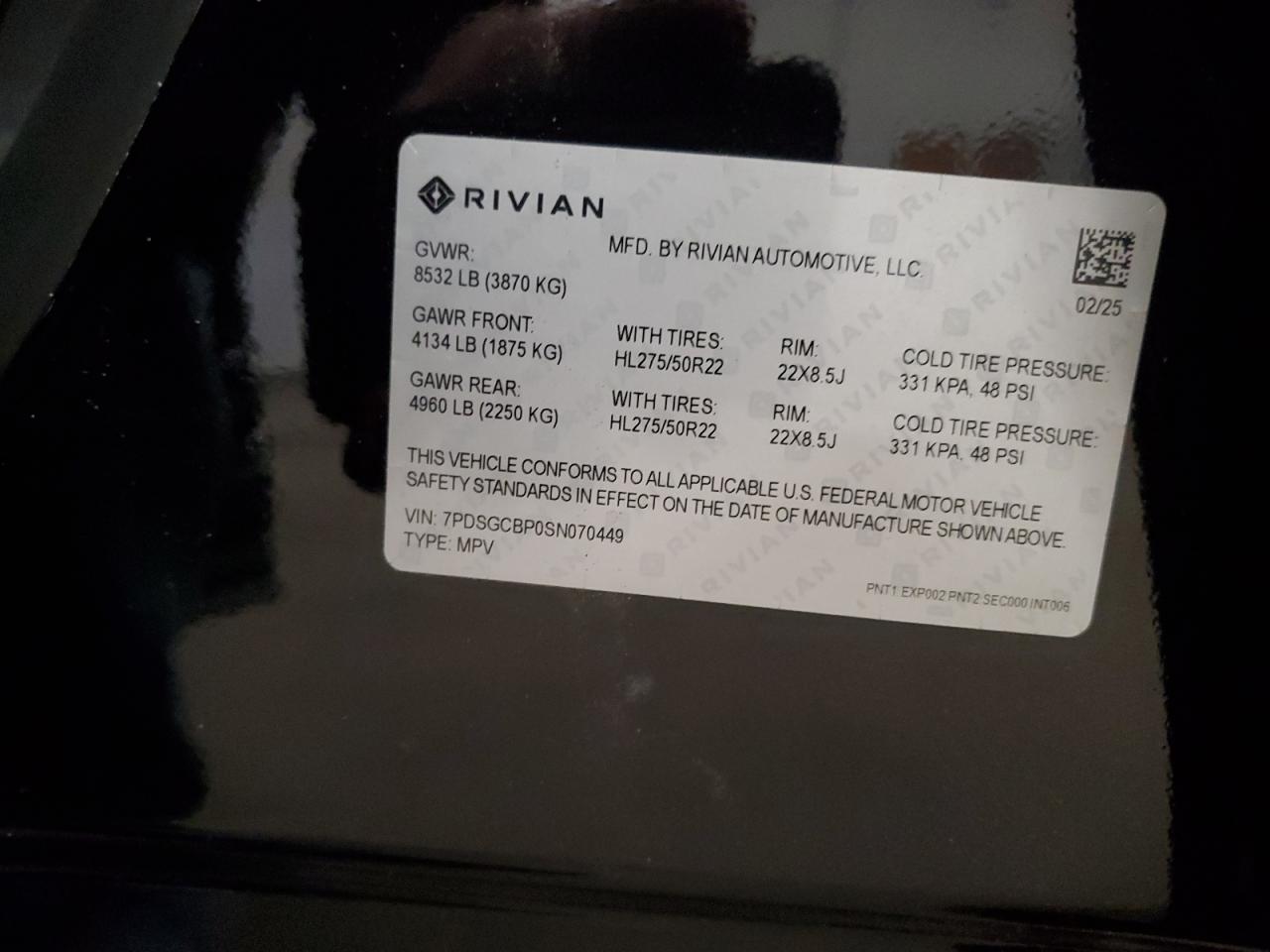 2025 Rivian R1S Premium VIN: 7PDSGCBP0SN070449 Lot: 87453915