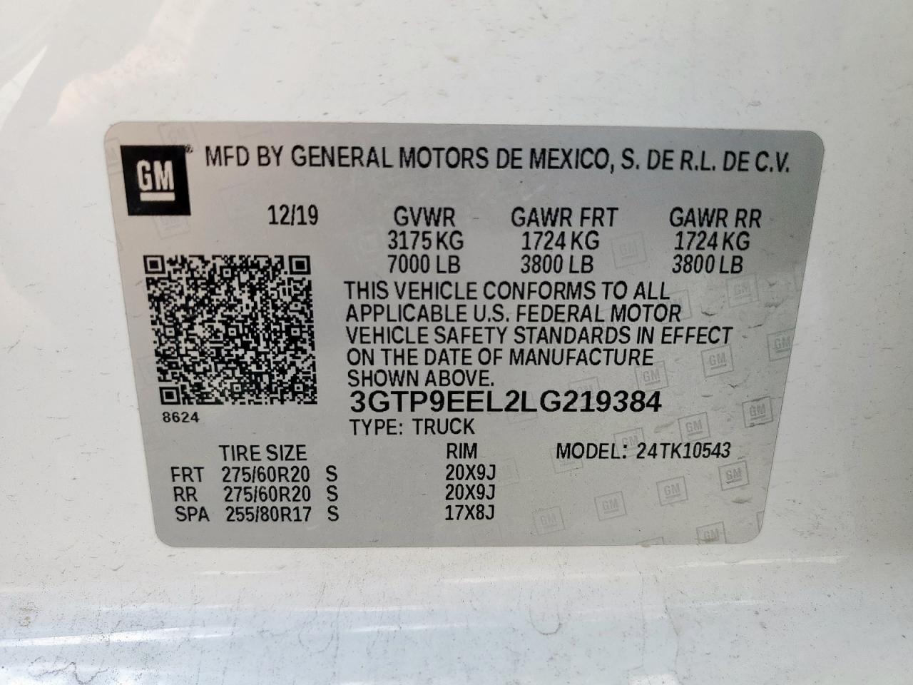 2020 GMC Sierra K1500 At4 VIN: 3GTP9EEL2LG219384 Lot: 84871085