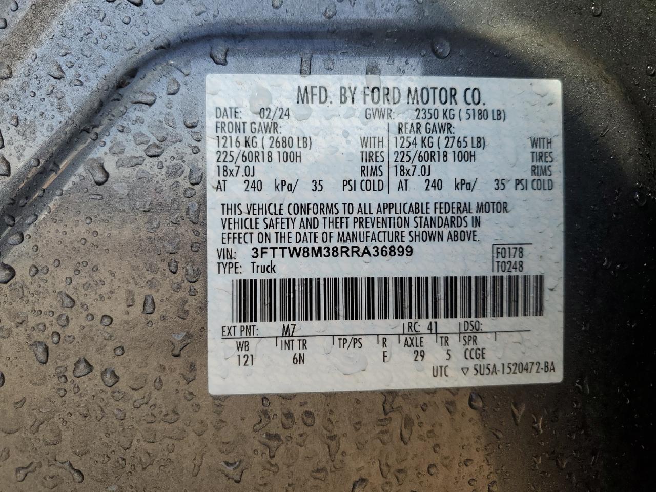 2024 Ford Maverick Lariat VIN: 3FTTW8M38RRA36899 Lot: 84639455