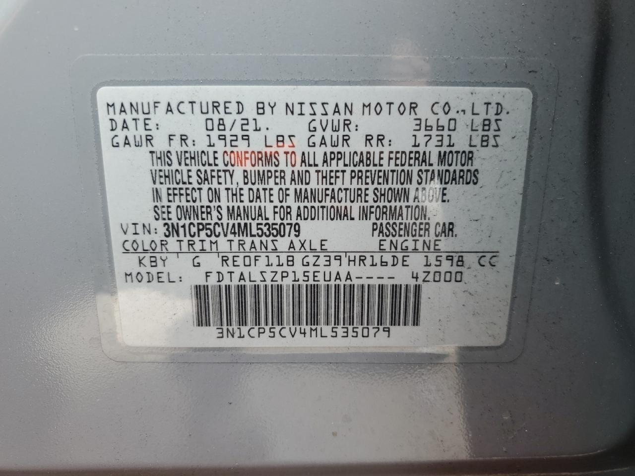 2021 Nissan Kicks Sv VIN: 3N1CP5CV4ML535079 Lot: 84879145