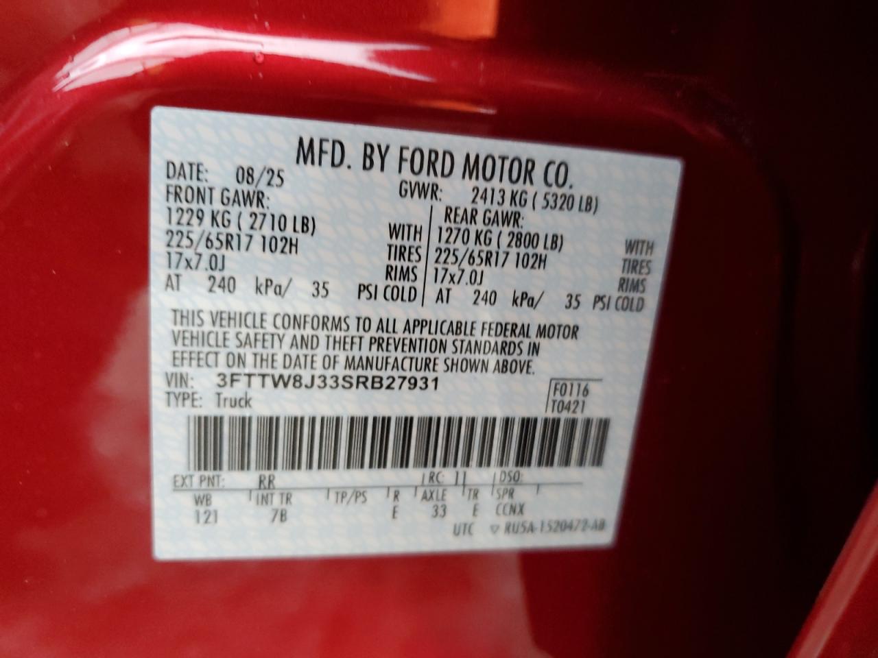 2025 Ford Maverick Xlt VIN: 3FTTW8J33SRB27931 Lot: 87036725